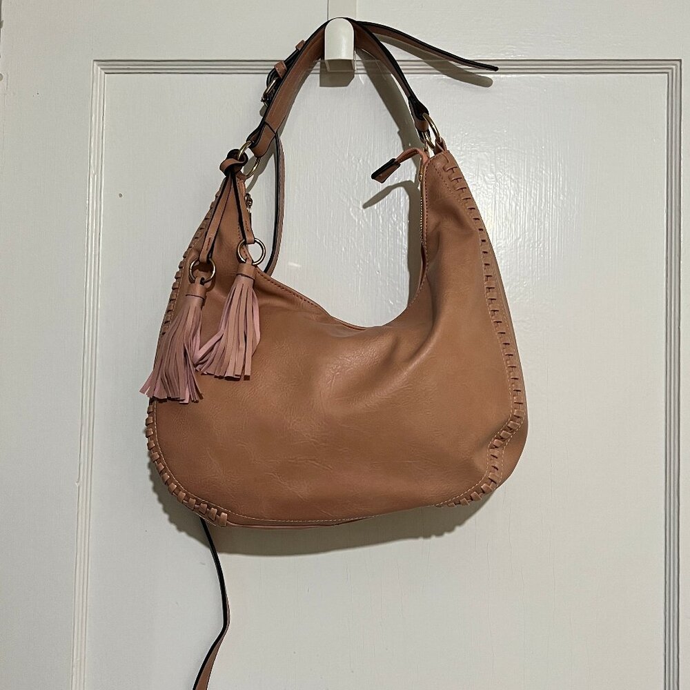 Dusty Pink/Rose Whipstitch Vegan Faux Leather Structured Hobo Purse